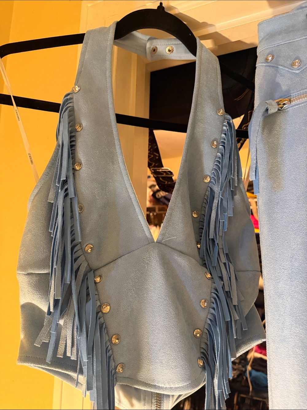 Forever 21 Light Blue Fringe Halter Crop Top & Flared Pants and shorts set - Picture 4 of 9